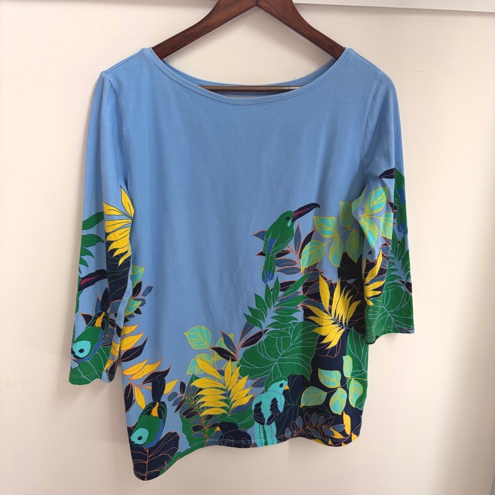 Talbots Plus Top Sz 1X Tropical Bird Floral Boatneck Blue 3/4 Sleeve Knit Shirt